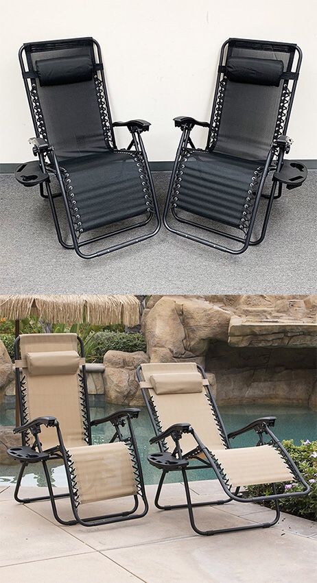 (NEW) $70 (set of 2) Tan or Black Adjustable Zero Gravity Lounge Chair Patio Pool w/ Cup Holder