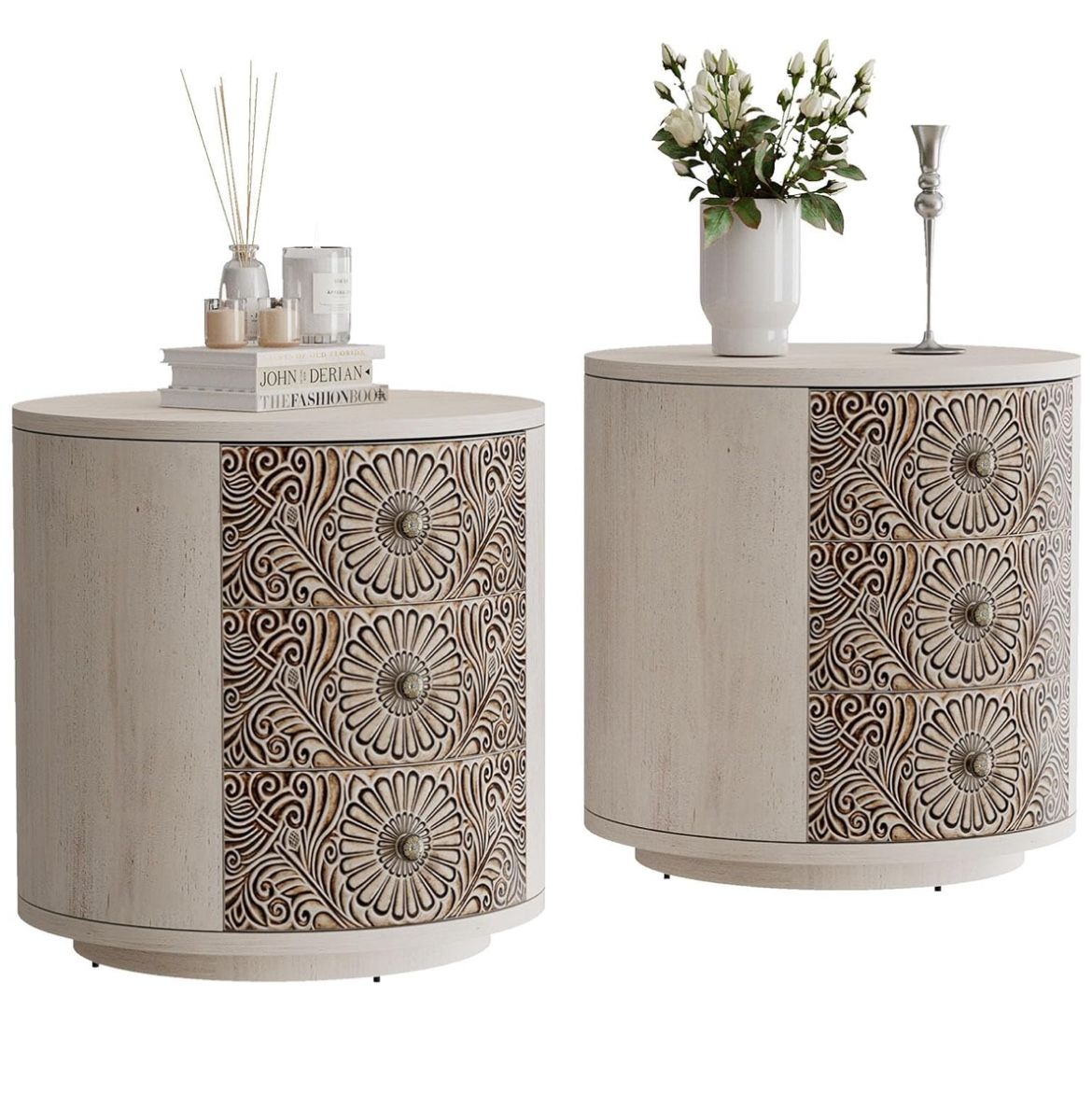 Round Light Gray 3-Drawer Nightstand,MDF Vintage Storage Cabinet for Bedroom, Living Room