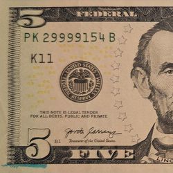 Fancy serial number (contact info removed)4, 2017 A, 5 dollar bill, solid quad of 9's. 