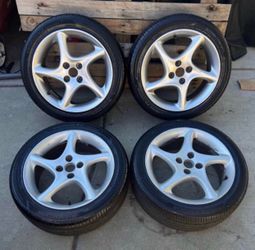 2001-2003 Mazda Miata Oem 5 Spoke Twist 4x100 16x6.5 40ET Wheels Set of 4   SOLD AS IS - As shown there is curb rash, scuffs, paint chips on the faces
