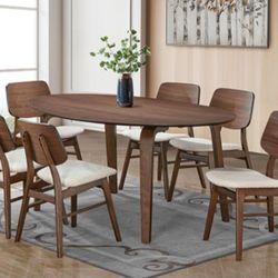 Brand New Walnut & Beige 7pc Mid-Century Modern Style Dining Table Set