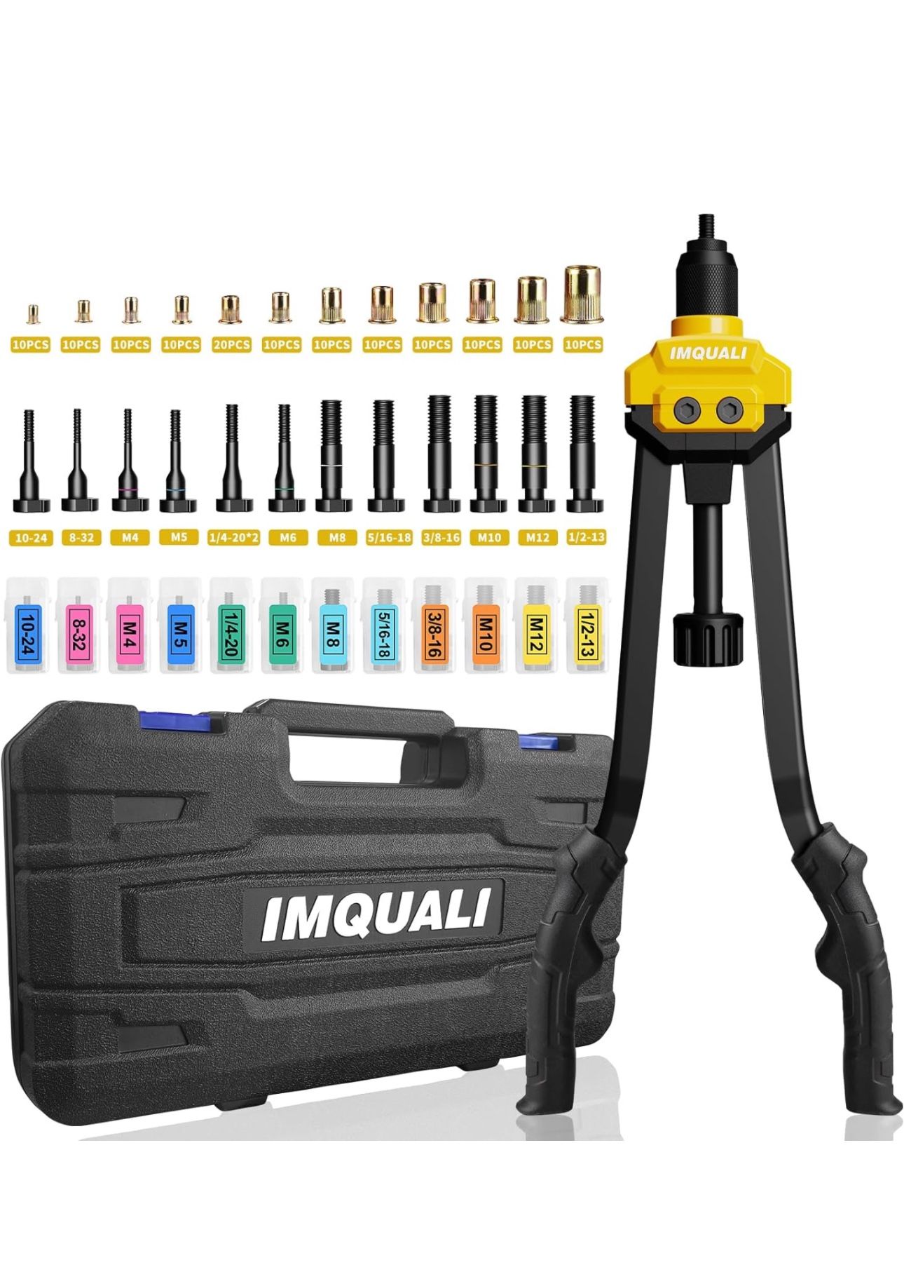 IMQUALI Rivet Nut Tool Rivet Nut Kit, 16" Rivnut Tool Kit with 13 Metric & SAE Mandrels Rivet Nut Assortment Kit with 130 Rivet Nuts, Hand Riveters Nu