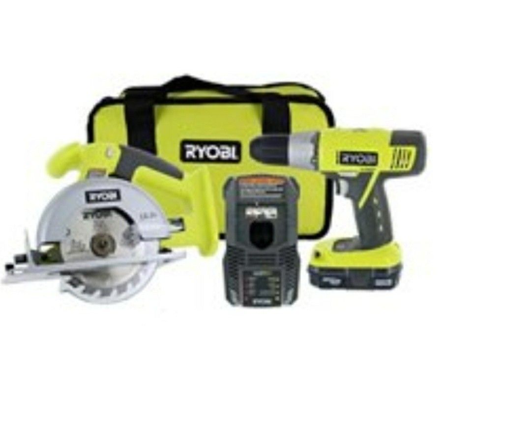 ryobi p825 18v one+ cordless lithium ion power tool starter kit (includes 1/2" drill / driver, 5 1/2" circular saw, compact battery, charger,