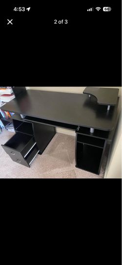 Black Computer Desk with Drawers and Shelves