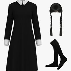 Wednesday Kids Halloween Costume New Size 8/10 With Wig