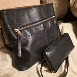 Lot Of 2 Fossil Black Leather Crossbody Bag Shoulder Bag Purse And Zip Wallet 