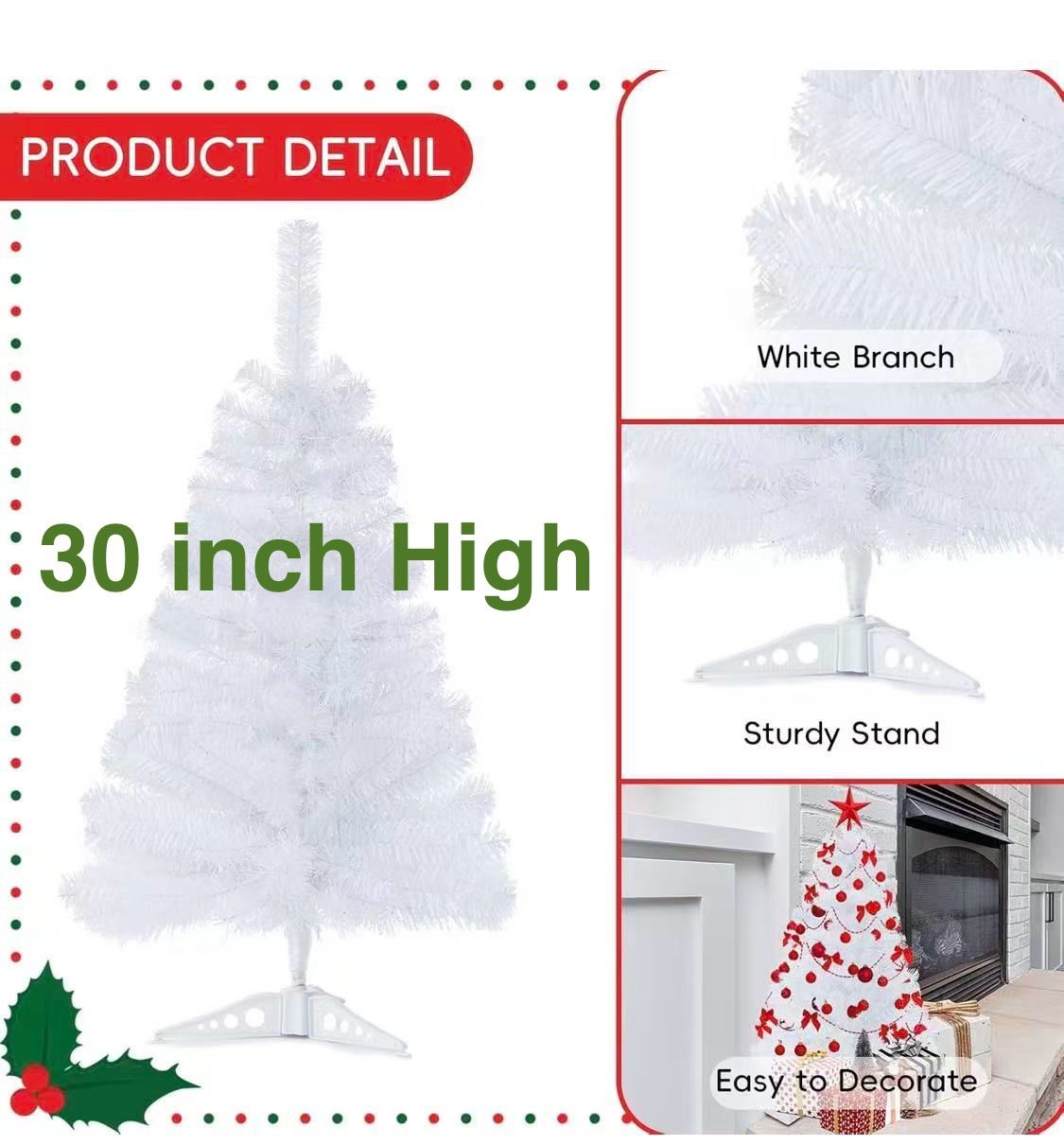 ✌️ 30”Artificial Christmas Tree White Mini Tabletop Christmas Pine Tree with Plastic Stand Small Xmas Tree for Indoor Outdoor Holiday Home Decoration,
