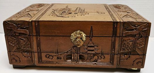 Vintage Asian Hand Carved Wood Jewelry Box Musical Trinket Box Red Velvet Lined