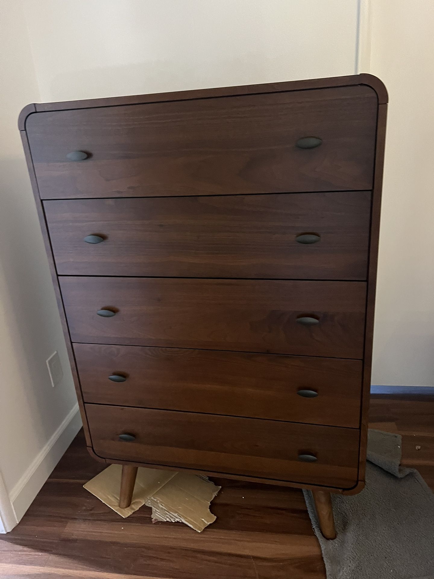 New Mid Century Chest. Dark Walnut Finish. 36” X 17” X 53” H. Free Delivery!