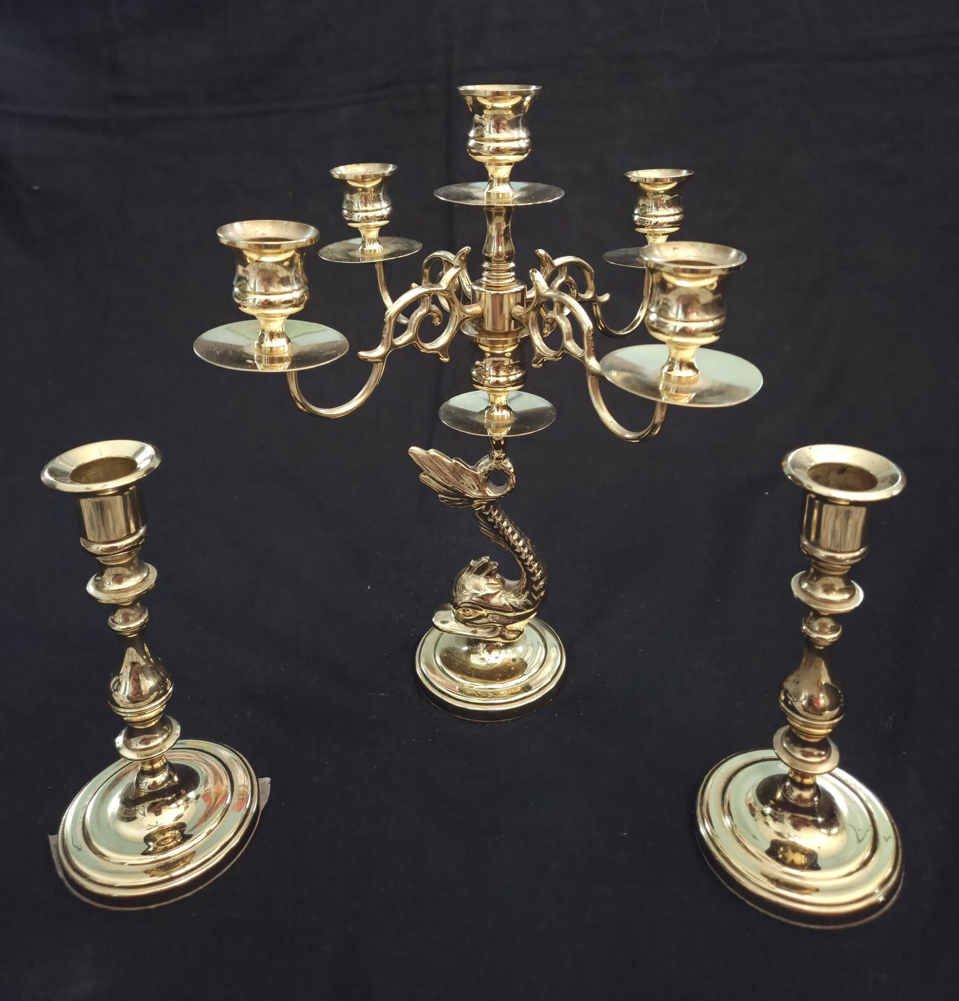 Gorgeous & unique! Baldwin Candelabra fish design(12"x12")& 2 Candle Holders(7"x3.25"each) Forged In USA