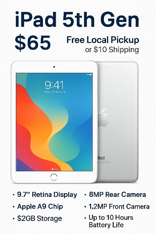 π± Apple iPad 5th Gen β 9.7β Retina β $65 β Local Pickup or $10 Shipping