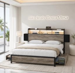 Full Bed Frame with Bookcase Headboard and 2 Drawers LED Lights Metal Platform, Full K-4