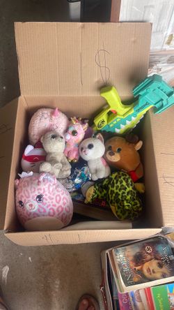 Box of toys, Ty/Squishmellow Stuffies, nerf guns