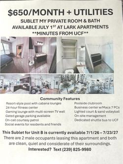 $650 Sublet Available at Lark!!