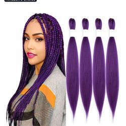 Purple Braiding Hair 20 Inch Pre Stretched Hair Long Straight Crochet Braids Yaki Texture Synthetic Fiber 4 Packs (Dark Purple)