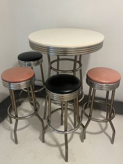 Vintage Tall Chrome Formica Table 4 Chrome Vinyl Stools