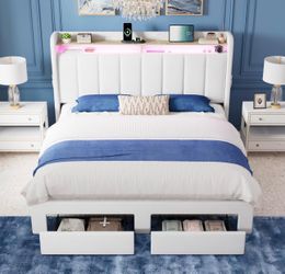 Queen Size Upholstered Platform Bed Frame with 2-Tier LED Storage Headboard & 2 Storage Drawers, USB & Type-C Charging Ports, Noise-Free/No Box Spring