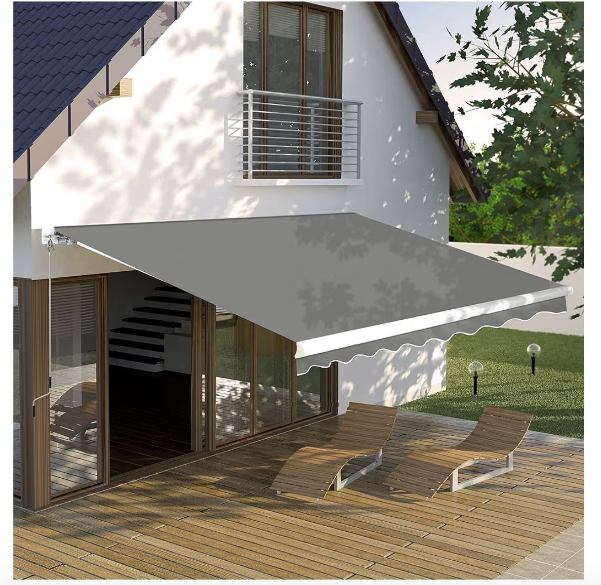 12x10 FT Manual Retractable Outdoor Patio Awning, Window Sun Shade Shelter with Crank Handle & Canopy for Deck, Backyard, Garden, Balcony, Gray