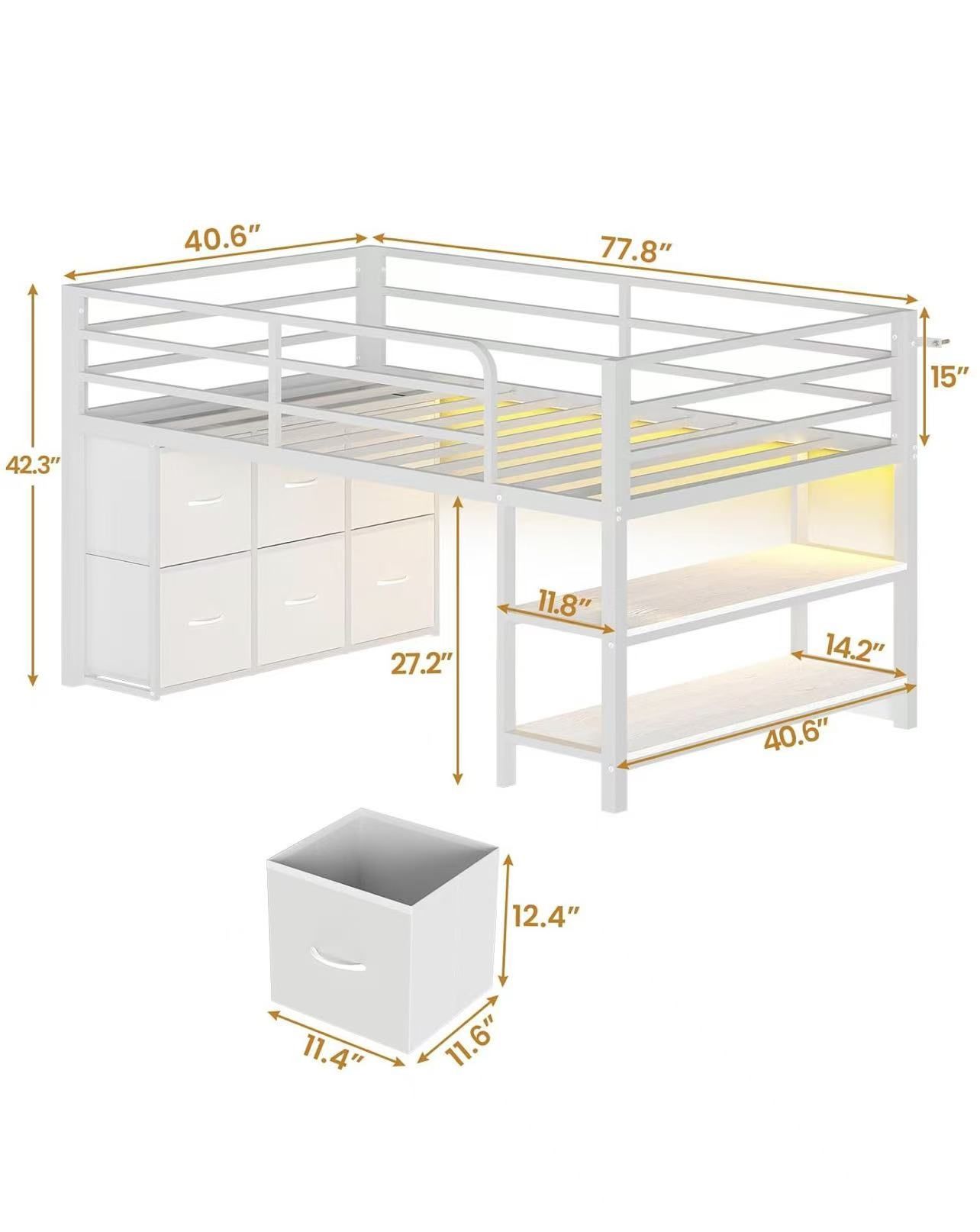 🥨Twin Size Low Loft Bed with 6 Storage Drawers, LED Lights, 2 Tier Storage Shelves, Kids Metal Loft Bed with 15" H Stairs & Safety Guardrail
