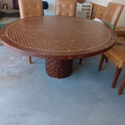 Vintage Tessellate Coconut Shell Dinning Table 8  Leather Chairs