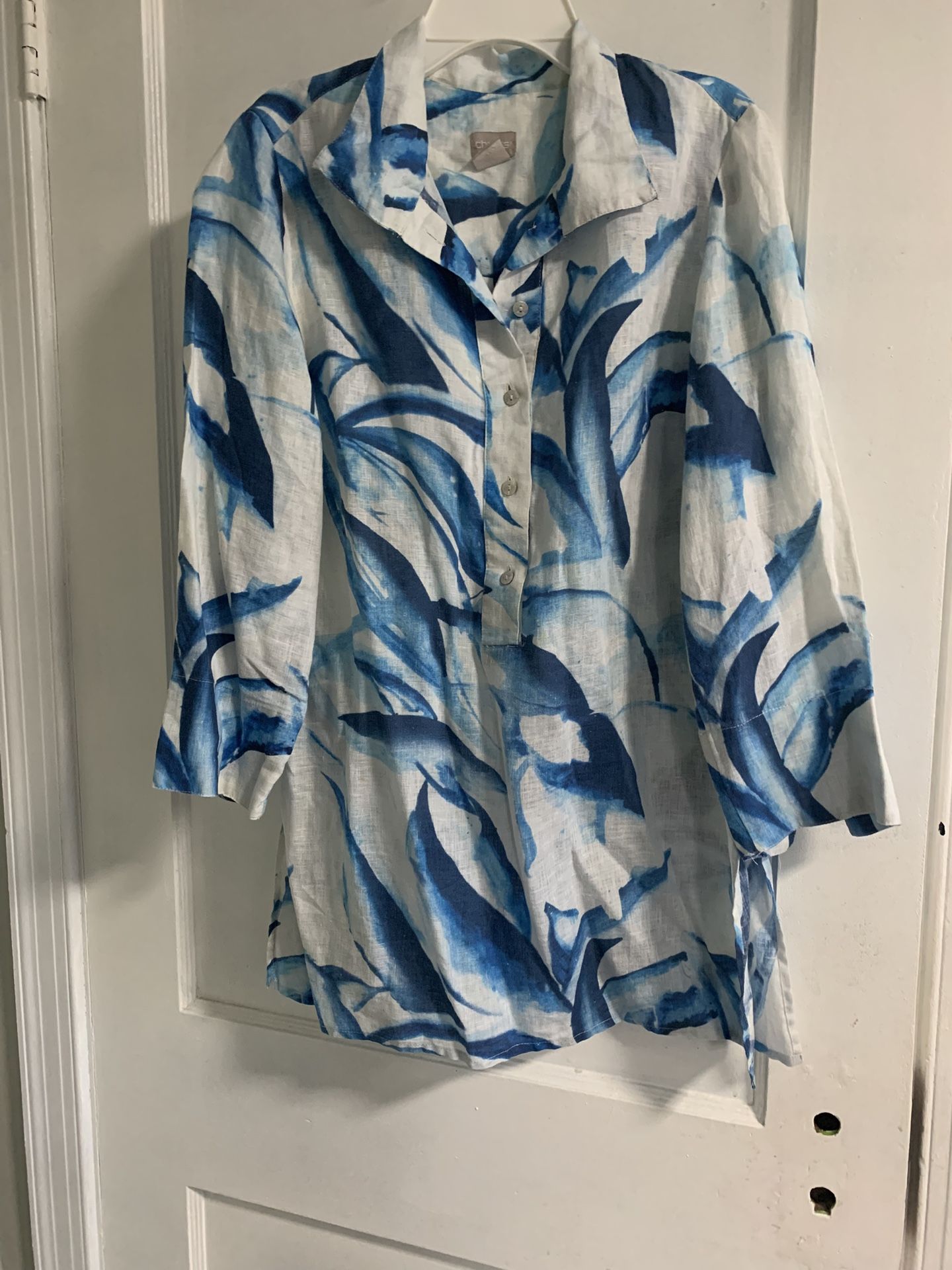 Chico's Womens Blue White Leaves Woven 3/4 Sleeve Collared Tunic Top Size 0
