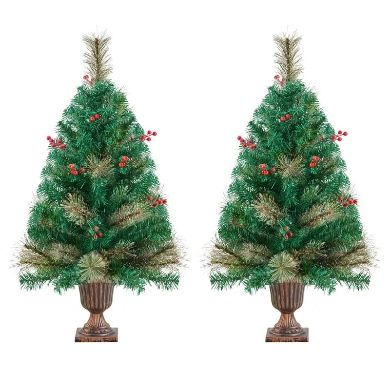 3ft Tabletop Christmas Tree with 50 Warm White LED Lights & Stable Golden Urn Base & 96 PVC Tips & 65 Red Berries Festive Portable Holiday Decoration