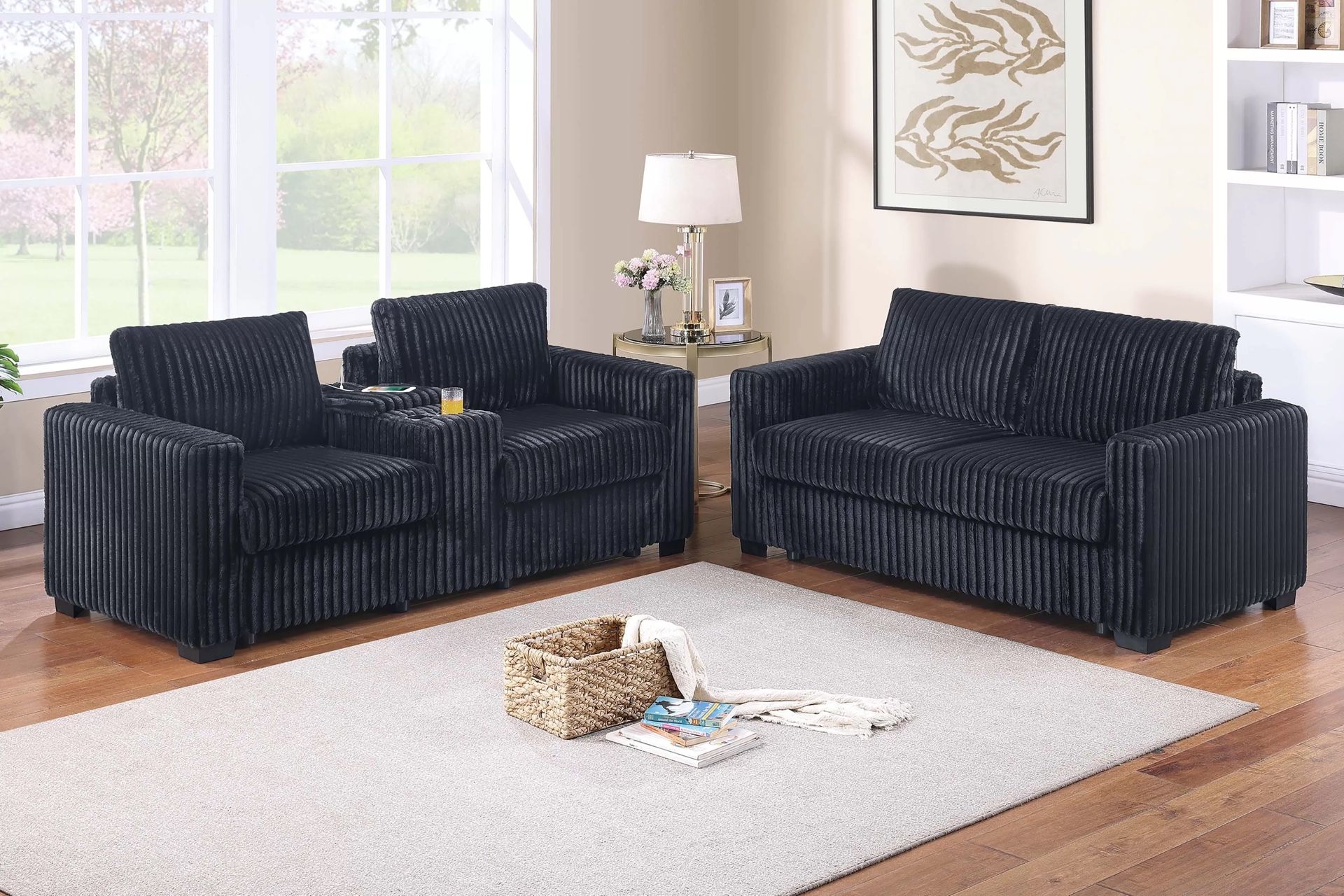 2PC Black Sofa & Loveseat w/ Cup Holders & Charging Station