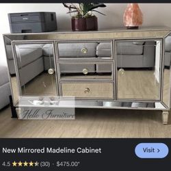 3 Drawer Silver Mirrored Accent Cabinet with wAdjustable Shelves Tv Stand