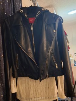 Guess Black Leather Moto Jacket with Hood