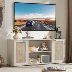 Grey White 59 Inch TV Stand for Living Room, Entertainment Center with Storage and Open Shelf