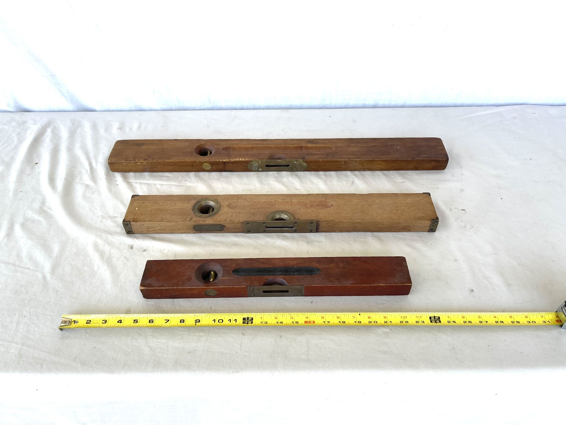 (3) Antique Functional Stanley Brand Contractor Levels. Different Lengths. 30” , 23” & 18”