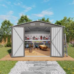 10x12FT Outdoor Storage Shed Large Metal Garden Shed with Double Door Two Window Waterproof Tool Shed for Backyard Patio Lawn Poolside ,Grey