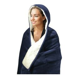 New 10lb 50" X 60" Sherpa Mink Hooded Weighted Blanket Throw Navy Blue