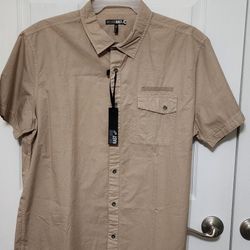 NWT William Rast Button Up Short Sleeve Causal Khaki Brown Shirt Cotton Sz XXL 