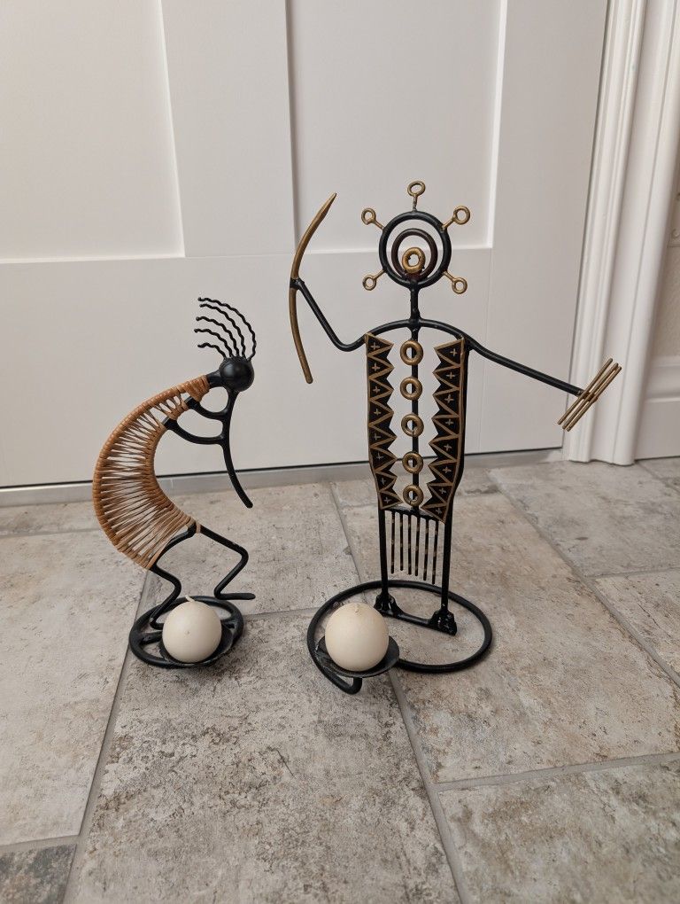 Candle Holder Kokopelli Dancing Man And Bow And Arrow Guy