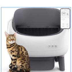 Open-Top Self Cleaning Litter Box, Automatic Cat Litter Box for Multiple Cats, APP Control, Safety Protection, Includes Trash Bags, White/Grey