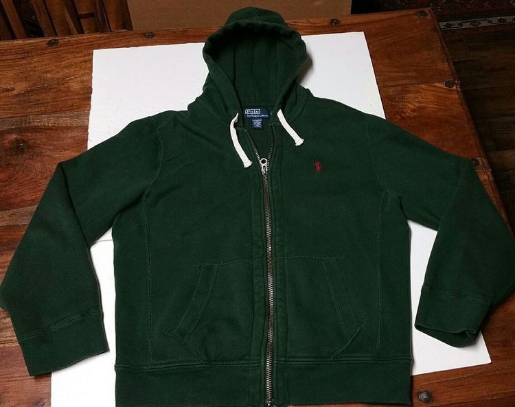 Polo Ralph Lauren Green Hoodie Knit Waffle Hood zip jacket / Forest Green and Red /Men’s XL