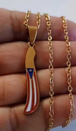 Machete with Puerto Rican Flag, Stainless Steel, Gold Plated Necklace 18"  