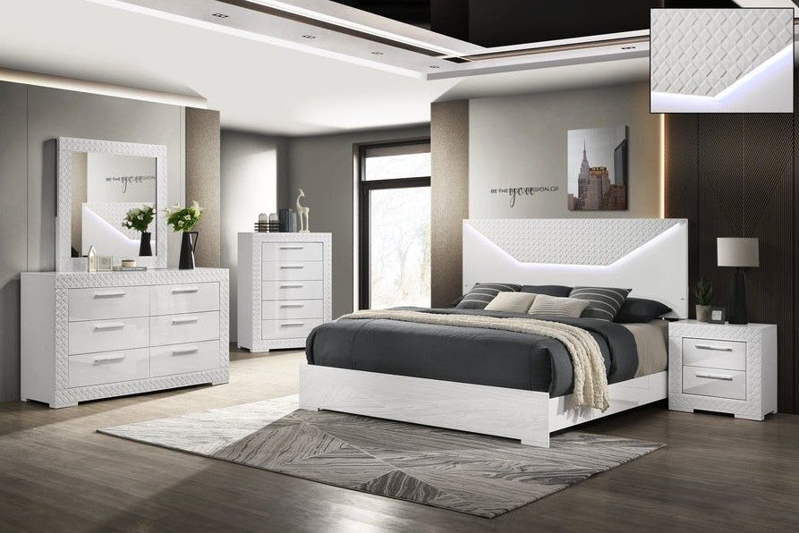 Brand New White Gloss Finished Wood Queen LED Bedroom Set
