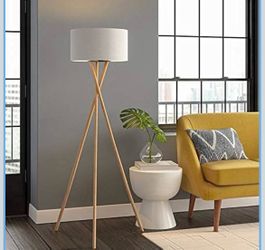 Wood Tripod Floor Lamp, Farmhouse Shelf Wooden Standing light Drum Shade for Living Room, Bedroom, Office, Footswitch,ETL Listed/Brown Wood Color, 3 C