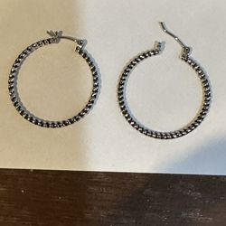 Black And Silver tone Twisted Hoop 1” Pierced Earrings