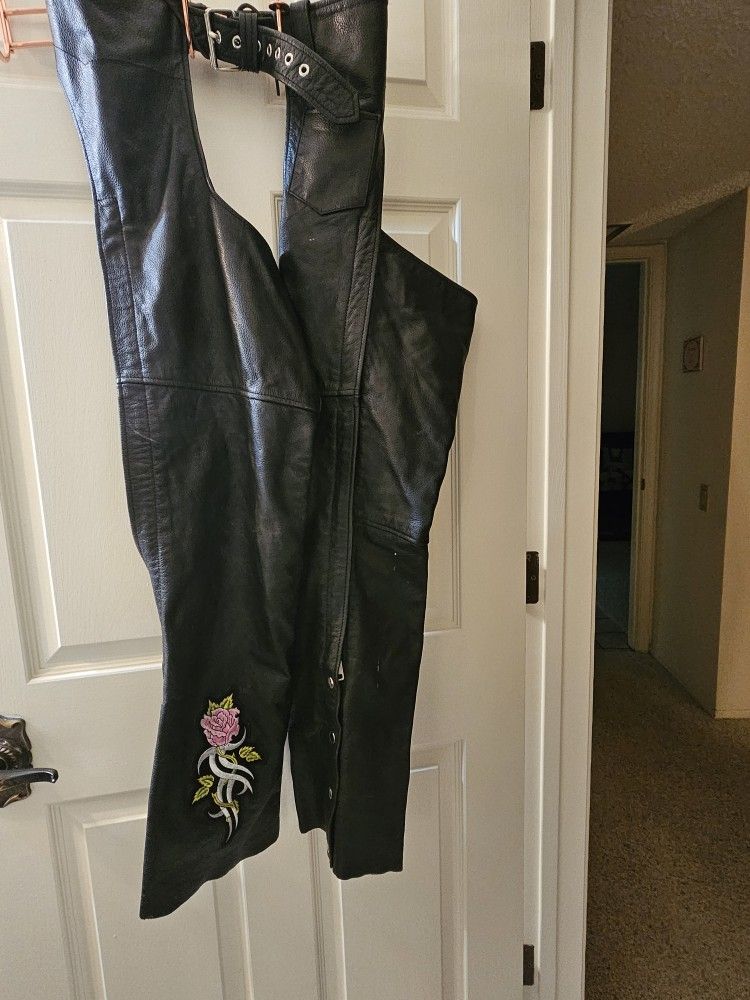 Women's Leather Motorcycle Chaps W/ Pink Rose Embroidered Design ~ Adjustable Belt For Various Waist Sizes