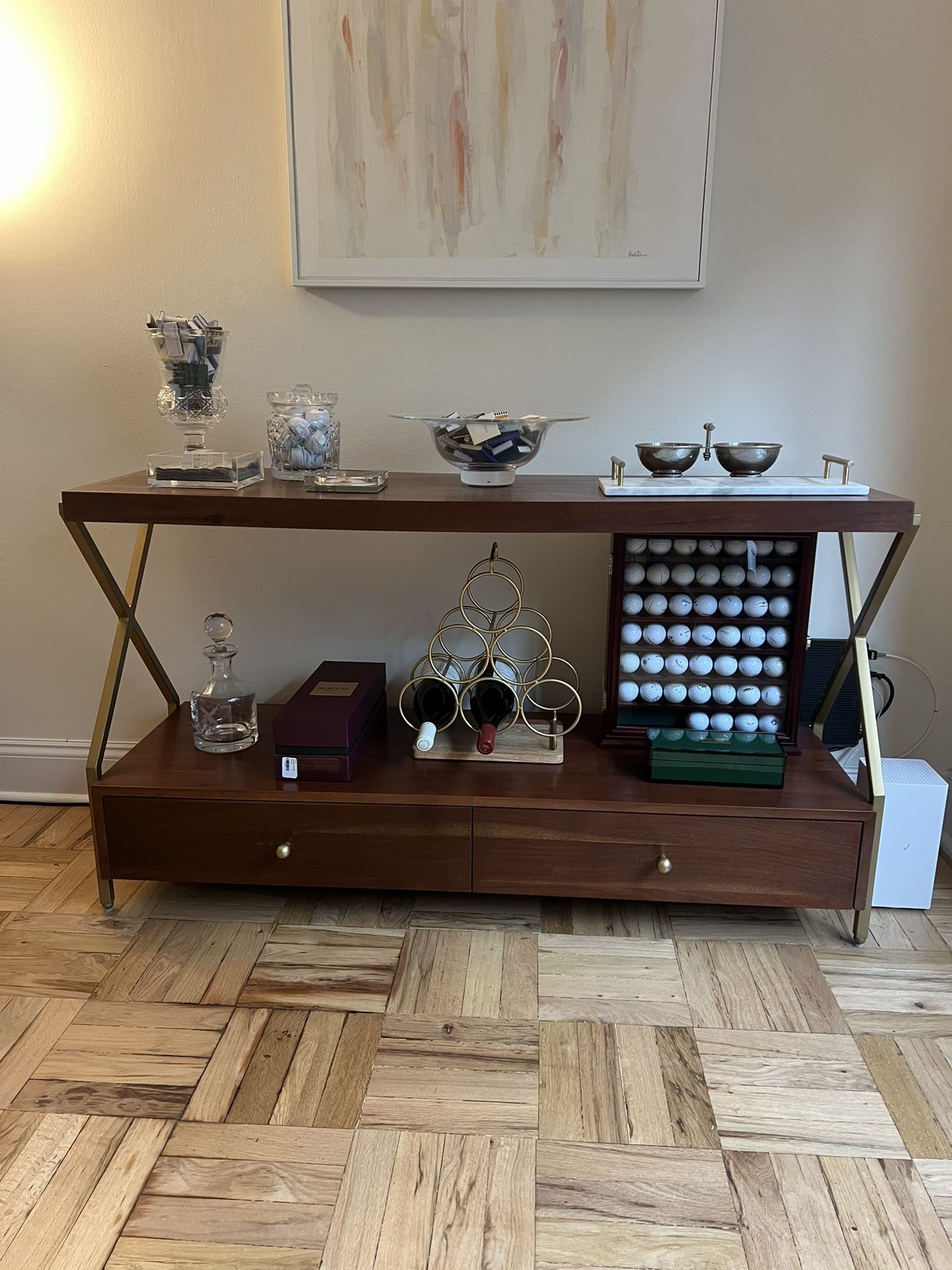 Modern Wood & Brass Console Table / Sideboard – Excellent Condition