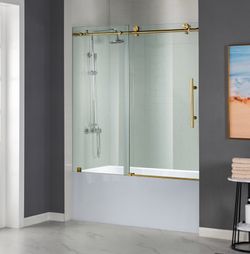 MBSDC6062-BG/B/MBL，Frameless Bathtub Shower Doors 56-60" Width × 62"Height with 3/8"(10mm) Clear Tempered Glass in Brushed Gold Finish/Brushed Nickel/