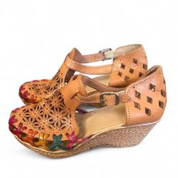 Leather Laser-Cut Wedge Sandals 6
