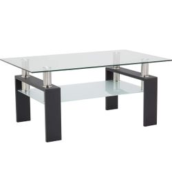 Glass Coffee Table, Rectangle Modern Side Coffee Table with Lower Shelf, Perfect for Living Room Conversation Leisure Occasions, Metal Leg, Black