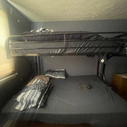 Kids, Black Metal Bunkbed With Queen, Futon Mattress, And Twin Mattress