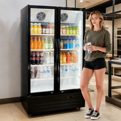 32.5 Cu.ft Double Door Commercial Beverage Cooler - 580-Can Glass Display Fridge | Frost-Free Air-Cooled, Automatic Door Rebound | for Bar/Restaurant/