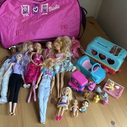 Mattel Barbie Large Lot Dolls Babies Chelsea Little Sister Pets Vehicles Barbie Car With Storage Tote/ Storage Bag Cute! 
