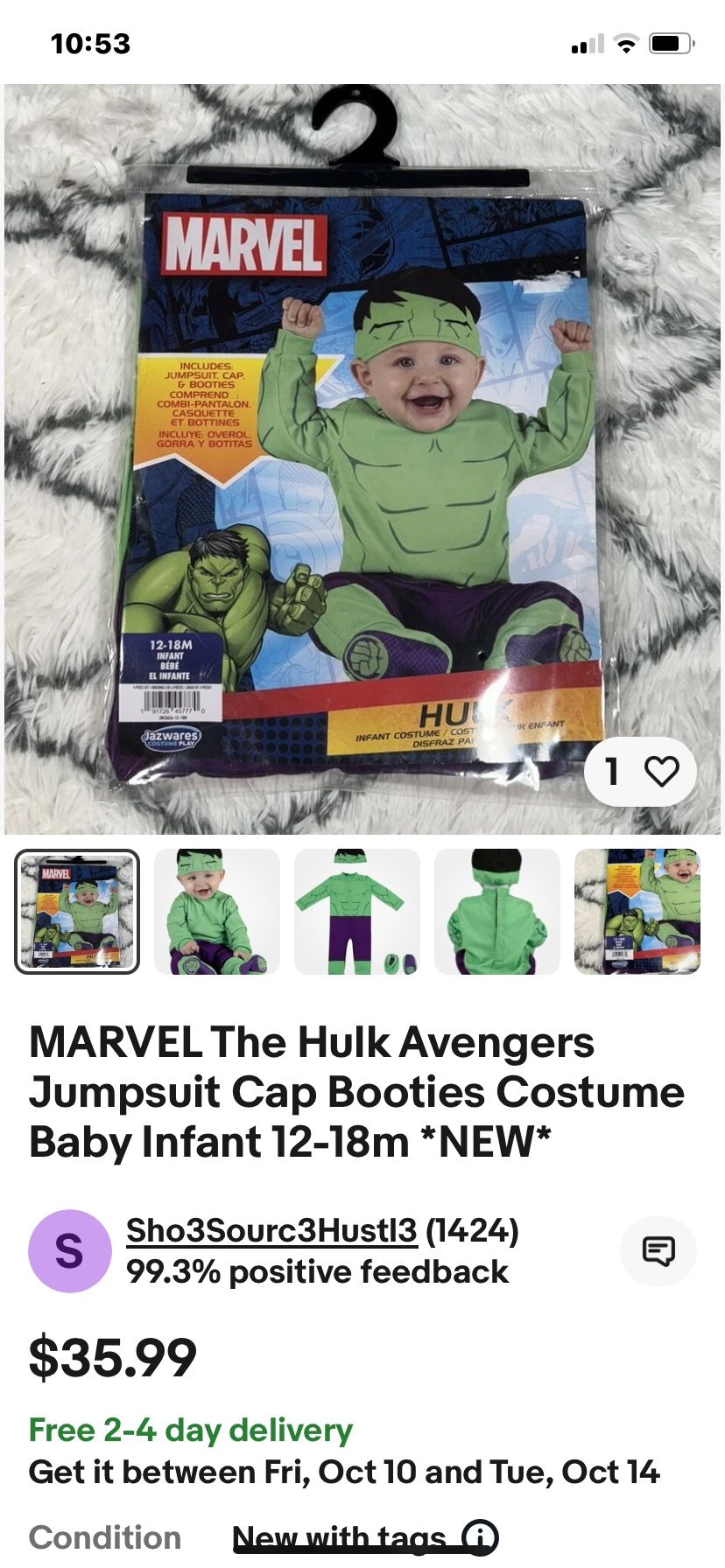 Marvel Hulk Avengers Costume, 12-18 Months, New